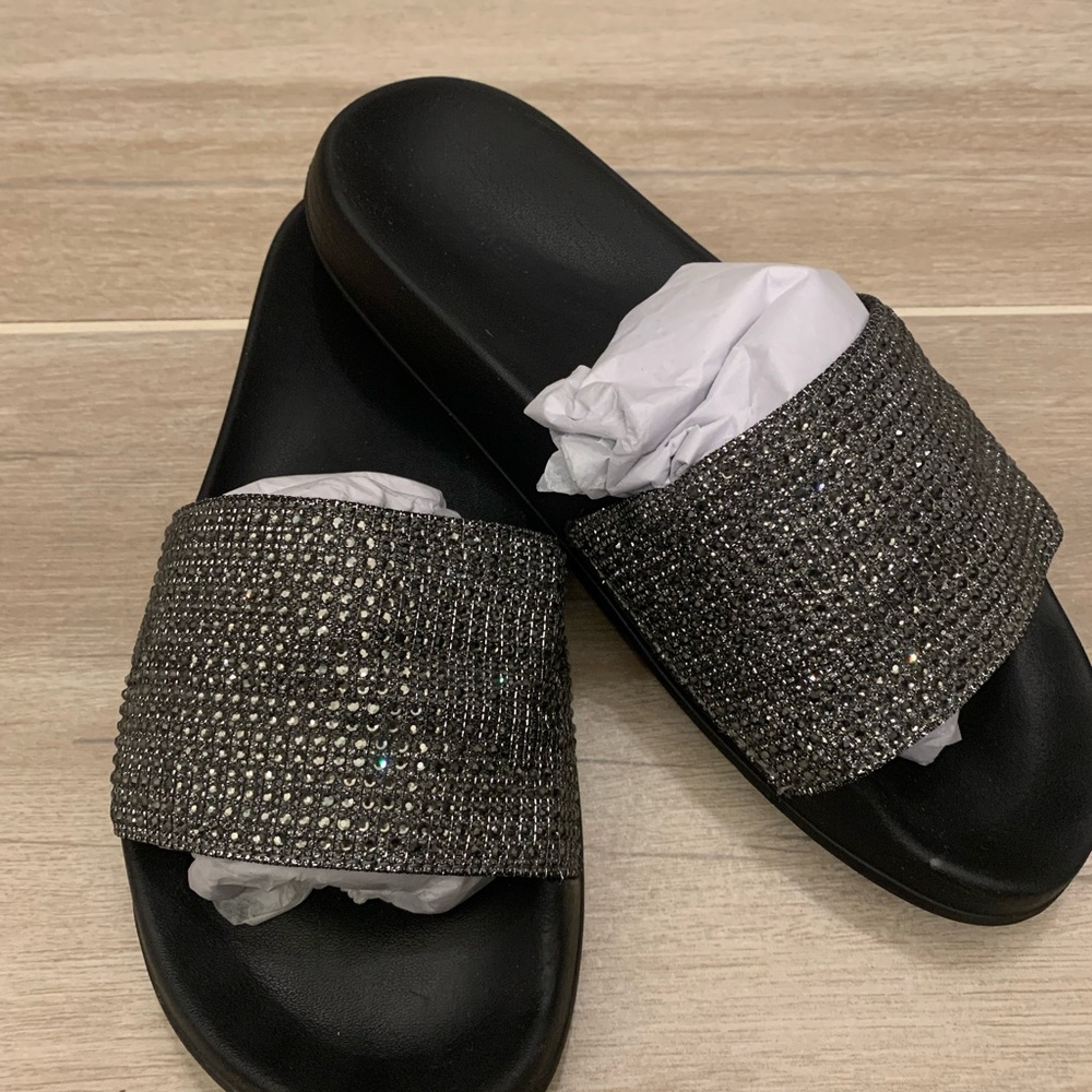Michael Kors Black and Silver Slide Sandals